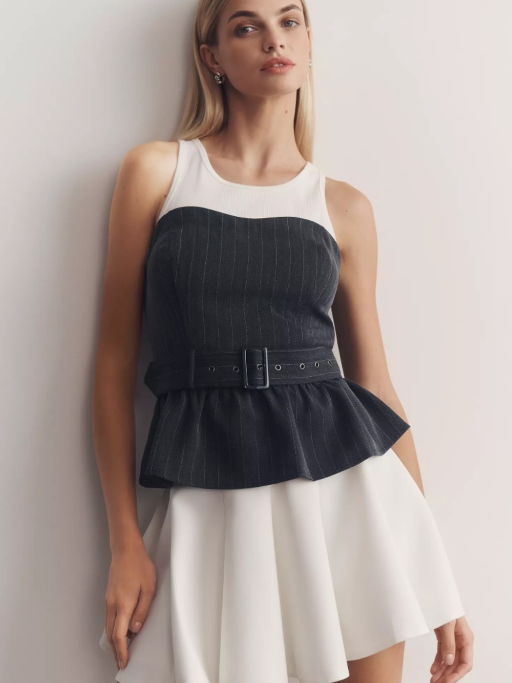 Anthropologie Porridge Ribbed Tank Belted Gray Pinstripe Peplum Top Size Medium